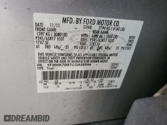 2012 Ford Explorer with VIN 1FMHK7B87CGA58994, listed as a Copart auction lot 50128895 with 203,153 mi miles and Salvage title. Bid and sale history available at DreamBid. Image 14.