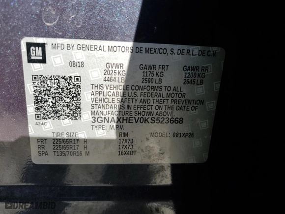 2019 Chevrolet Equinox LS with VIN 3GNAXHEV0KS523668, listed as a Copart auction lot 46290305 with 109,341 mi miles and Salvage Title. Bid and sale history available at carsss.com. Image 13.