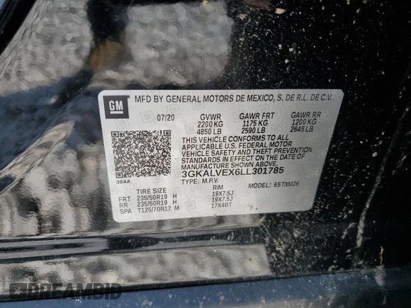 2020 GMC Terrain SLT with VIN 3GKALVEX6LL301785, listed as a Copart auction lot 59257725 with 39,134 mi miles and Salvage title. Bid and sale history available at DreamBid. Image 13.