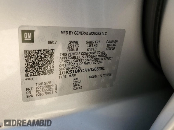 2017 GMC Yukon SLT with VIN 1GKS1BKC7HR365361, listed as a Copart auction lot 69214364 with 96,624 mi miles and Salvage Title. Bid and sale history available at carsss.com. Image 15.