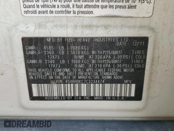 2012 Subaru Outback Limited z VIN 4S4BRBKC7C3234474, wystawiony jako Copart lot #56330235 z przebiegiem 189 249 mil mil oraz Szkoda całkowita • Salvage title. Historia ofert i sprzedaży dostępna na DreamBid. Obrazek 13.