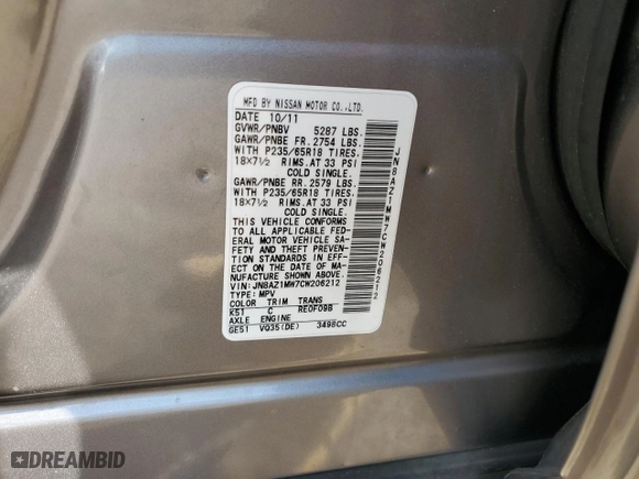 2012 Nissan Murano LE with VIN JN8AZ1MW7CW206212, listed as a Copart auction lot 53796185 with 177,457 mi miles and Salvage Title. Bid and sale history available at carsss.com. Image 12.