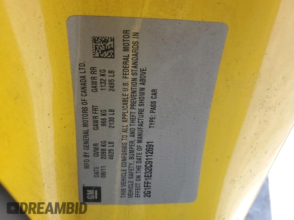 2012 Chevrolet Camaro 1LT with VIN 2G1FF1E32C9112691, listed as a Copart auction lot 62746385 with 127,607 mi miles and Salvage title. Bid and sale history available at DreamBid. Image 12.