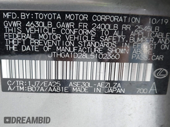 2020 Lexus IS 300 F Sport with VIN JTHGA1D28L5102360, listed as a IAAI auction lot 42591416 with 59,777 mi miles and . Bid and sale history available at DreamBid. Image 9.