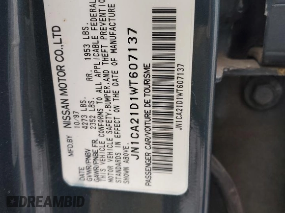 1998 Nissan Maxima GXE with VIN JN1CA21D1WT607137, listed as a Copart auction lot 43629285 with 159,196 mi miles and Salvage title. Bid and sale history available at DreamBid. Image 12.