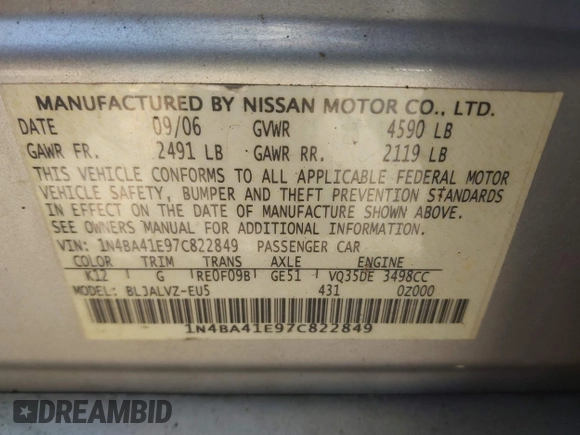 2007 Nissan Maxima 3.5 SE with VIN 1N4BA41E97C822849, listed as a IAAI auction lot 40223945 with 99,999 mi miles. Bid and sale history available at carsss.com. Image 9.