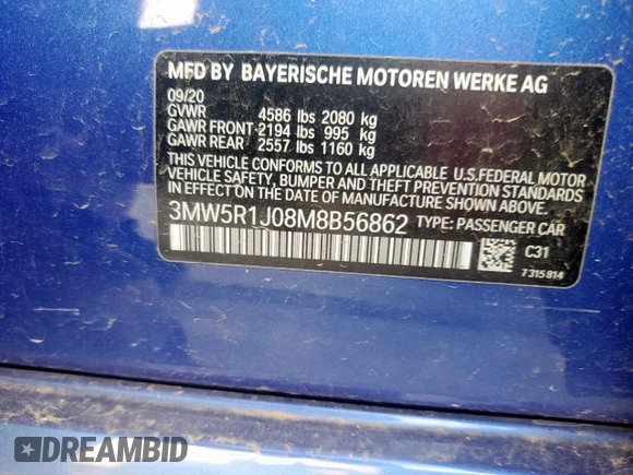 2021 BMW 3 Series 330i z VIN 3MW5R1J08M8B56862, wystawiony jako Copart lot #52976585 z przebiegiem 41 867 mil mil oraz Czysty tytuł • Clean title. Historia ofert i sprzedaży dostępna na DreamBid. Obrazek 12.