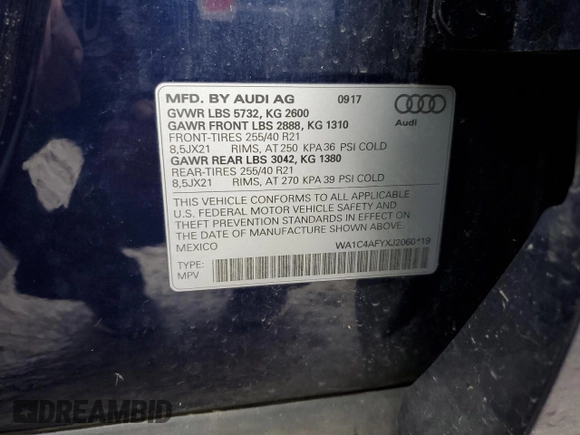 2018 Audi SQ5 Prestige with VIN WA1C4AFYXJ2060419, listed as a Copart auction lot 41113694 with 86,848 mi miles and . Bid and sale history available at DreamBid. Image 14.