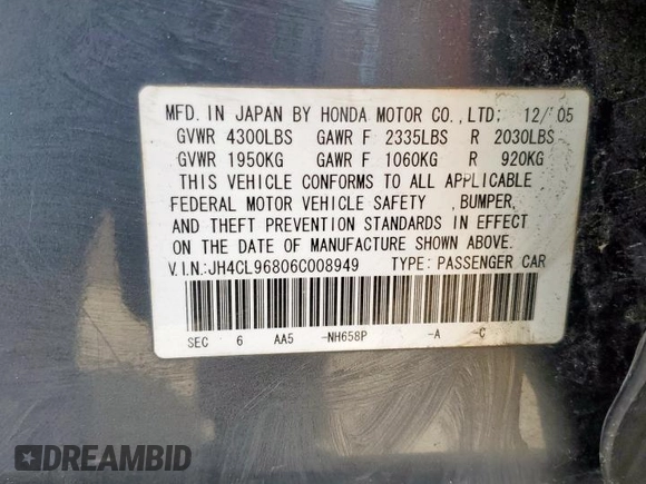 2006 Acura TSX with VIN JH4CL96806C008949, listed as a Copart auction lot 61415395 with 235,249 mi miles and Salvage title. Bid and sale history available at DreamBid. Image 12.