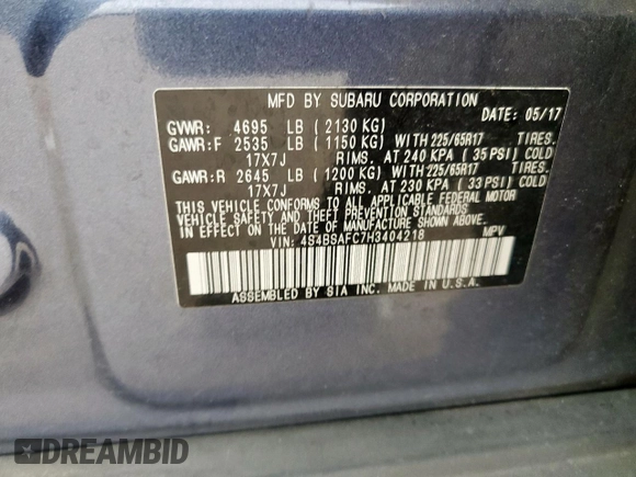 2017 Subaru Outback Premium with VIN 4S4BSAFC7H3404218, listed as a Copart auction lot 65536605 with 69,490 mi miles and Salvage title. Bid and sale history available at DreamBid. Image 13.