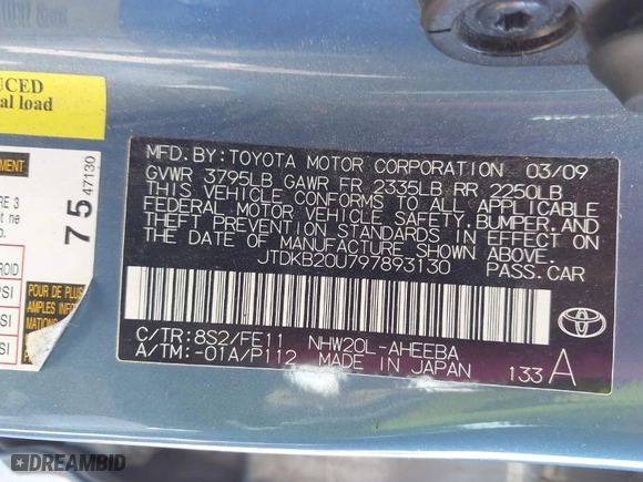 2009 Toyota Prius with VIN JTDKB20U797893130, listed as a IAAI auction lot 41921595 with 224,573 mi miles. Bid and sale history available at carsss.com. Image 9.