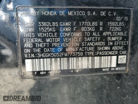2015 Honda Fit LX with VIN 3HGGK5G52FM773759, listed as a Copart auction lot 53358435 with 65,323 mi miles and Clean Title. Bid and sale history available at carsss.com. Image 12.
