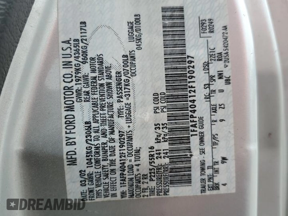 2002 Ford Mustang Standard with VIN 1FAFP40412F190297, listed as a Copart auction lot 61251985 with Not provided miles and Salvage title. Bid and sale history available at DreamBid. Image 13.