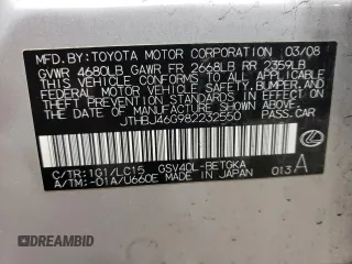 2008 Lexus ES with VIN JTHBJ46G982232550, listed as a Copart auction lot 54363035 with 155,063 mi miles and Salvage Title. Bid and sale history available at carsss.com. Image 12.