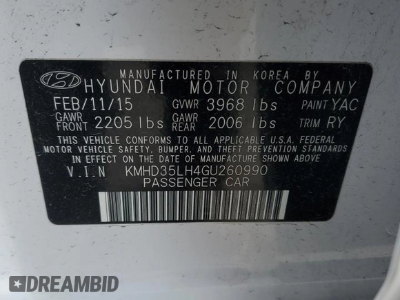 2016 Hyundai Elantra with VIN KMHD35LH4GU260990, listed as a Copart auction lot 56382565 with 29,847 mi miles and Salvage Title. Bid and sale history available at DreamBid. Image 12.