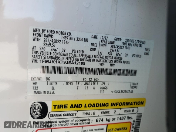 2018 Ford Expedition Max Limited z VIN 1FMJK1KT9JEA12109, wystawiony jako Copart lot #55788065 z przebiegiem 55 062 mil mil oraz Szkoda całkowita • Salvage title. Historia ofert i sprzedaży dostępna na DreamBid. Obrazek 14.