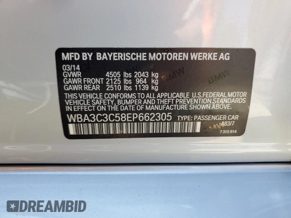 2014 BMW 3 Series 320i xDrive с VIN WBA3C3C58EP662305, выставлен на аукционе Copart как лот 62811895 с пробегом 43 793 миль миль и Списание • Salvage title. История ставок и продаж доступна на DreamBid. Изображение 13.