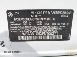 2015 BMW 3 Series 320i с VIN WBA3B1G5XFNT05271, выставлен на аукционе IAAI как лот 42049799 с пробегом 125 437 миль миль и . История ставок и продаж доступна на DreamBid. Изображение 9.