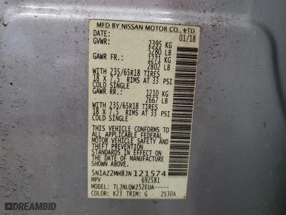 2018 Nissan Murano Platinum with VIN 5N1AZ2MH8JN121574, listed as a Copart auction lot 89212125 with 0 mi miles and Salvage Title. Bid and sale history available at carsss.com. Image 13.