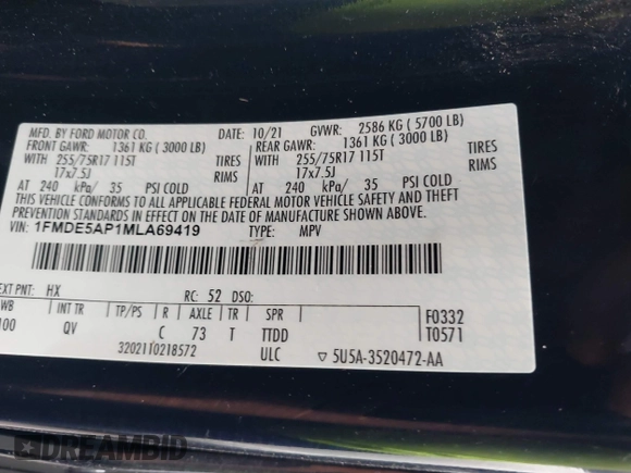 2021 Ford Bronco z VIN 1FMDE5AP1MLA69419, wystawiony jako IAAI lot #42276822 z przebiegiem 29 734 mil mil oraz . Historia ofert i sprzedaży dostępna na DreamBid. Obrazek 9.