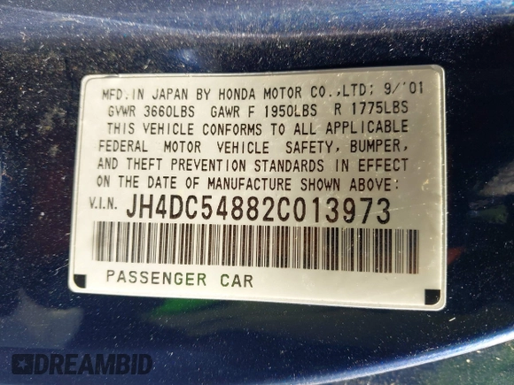 2002 Acura RSX Auto z VIN JH4DC54882C013973, wystawiony jako IAAI lot #42421173 z przebiegiem 302 530 mil mil oraz . Historia ofert i sprzedaży dostępna na DreamBid. Obrazek 9.