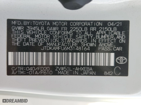 2021 Toyota Prius L Eco with VIN JTDKAMFU6M3148164, listed as a Copart auction lot 41749225 with 83,413 mi miles and Salvage Title. Bid and sale history available at carsss.com. Image 15.