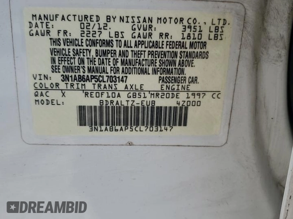 2012 Nissan Sentra S with VIN 3N1AB6AP5CL703147, listed as a Copart auction lot 62662815 with Not provided miles and Salvage title. Bid and sale history available at DreamBid. Image 13.