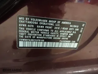 2012 Volkswagen Passat SE with VIN 1VWBH7A35CC075103, listed as a IAAI auction lot 41482384 with 155,198 mi miles. Bid and sale history available at carsss.com. Image 9.