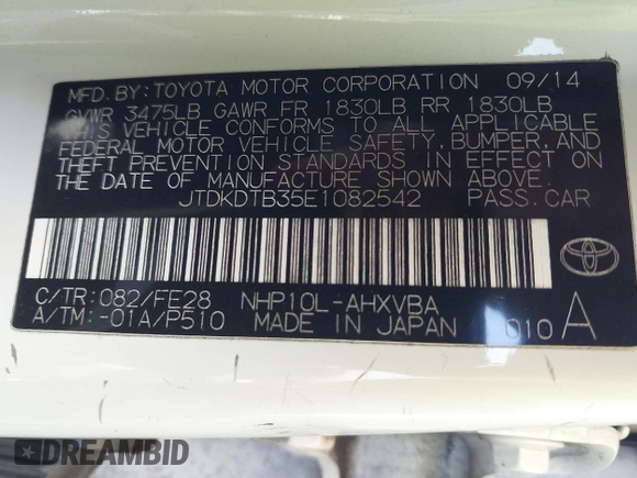 2014 Toyota Prius One with VIN JTDKDTB35E1082542, listed as a IAAI auction lot 42159682 with 166,231 mi miles and . Bid and sale history available at DreamBid. Image 9.
