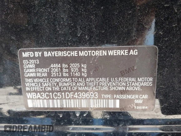 2013 BMW 3 Series 328i with VIN WBA3C1C51DF439693, listed as a IAAI auction lot 42644270 with 332,474 mi miles and . Bid and sale history available at DreamBid. Image 9.