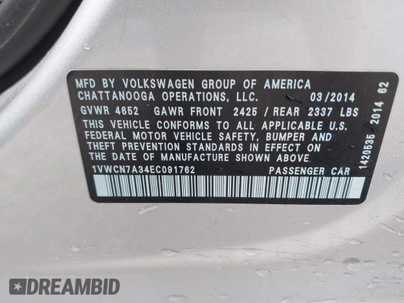 2014 Volkswagen Passat SEL Premium z VIN 1VWCN7A34EC091762, wystawiony jako IAAI lot #41769129 z przebiegiem 106 779 mil mil oraz . Historia ofert i sprzedaży dostępna na DreamBid. Obrazek 9.