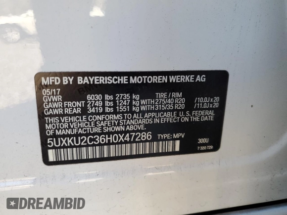 2017 BMW X6 xDrive35i with VIN 5UXKU2C36H0X47286, listed as a Copart auction lot 43232054 with 96,306 mi miles and . Bid and sale history available at DreamBid. Image 14.