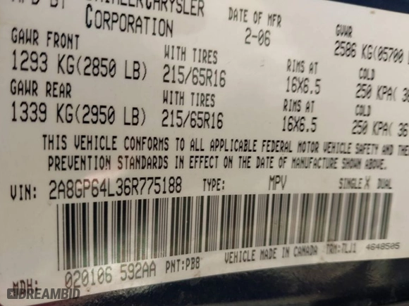 2006 Chrysler Town & Country LWB Limited with VIN 2A8GP64L36R775188, listed as a IAAI auction lot 41281609 with 253,799 mi miles. Bid and sale history available at carsss.com. Image 9.