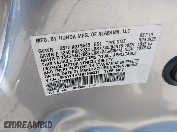 2019 Honda Pilot EX-L with VIN 5FNYF5H58KB040331, listed as a IAAI auction lot 41977727 with 90,655 mi miles and . Bid and sale history available at DreamBid. Image 9.