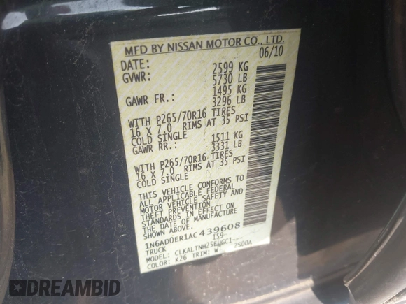 2010 Nissan Frontier SE with VIN 1N6AD0ER1AC439608, listed as a IAAI auction lot 42435851 with 101,588 mi miles and . Bid and sale history available at DreamBid. Image 9.