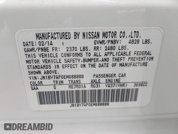 2014 Infiniti Q50 Premium with VIN JN1BV7AP0EM688888, listed as a IAAI auction lot 41537933 with 114,260 mi miles and . Bid and sale history available at carsss.com. Image 9.