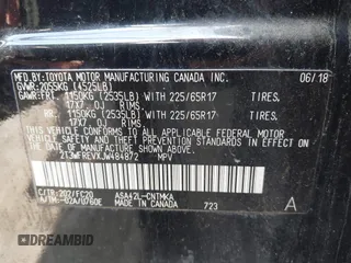 2018 Toyota RAV4 XLE with VIN 2T3WFREVXJW484872, listed as a IAAI auction lot 42144810 with Not provided miles and . Bid and sale history available at DreamBid. Image 9.