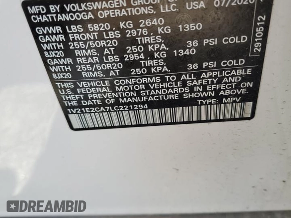 2020 Volkswagen Atlas SE with VIN 1V21E2CA7LC221294, listed as a Copart auction lot 56337085 with 61,654 mi miles and Salvage title. Bid and sale history available at DreamBid. Image 14.