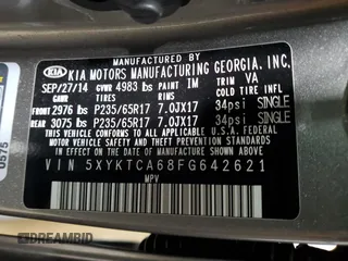 2015 Kia Sorento LX with VIN 5XYKTCA68FG642621, listed as a Copart auction lot 62039005 with 122,579 mi miles and Clean title. Bid and sale history available at DreamBid. Image 13.