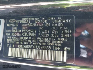2017 Hyundai Santa Fe Limited Ultimate with VIN KM8SRDHF4HU196538, listed as a IAAI auction lot 41957724 with 115,305 mi miles. Bid and sale history available at carsss.com. Image 9.