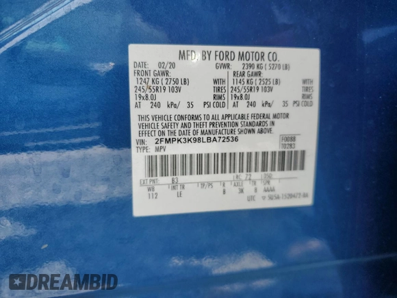 2020 Ford Edge Titanium with VIN 2FMPK3K98LBA72536, listed as a Copart auction lot 59849415 with 109,478 mi miles and Salvage title. Bid and sale history available at DreamBid. Image 12.