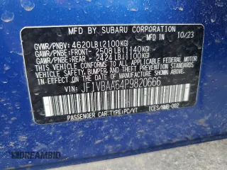 2023 Subaru WRX with VIN JF1VBAA64P9820666, listed as a Copart auction lot 52422165 with 10,726 mi miles and Salvage title. Bid and sale history available at DreamBid. Image 14.