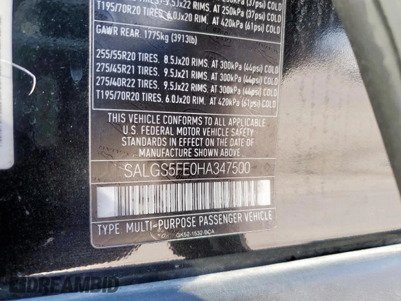 2017 Land Rover Range Rover with VIN SALGS5FE0HA347500, listed as a Copart auction lot 46118235 with 104,637 mi miles and Clean title. Bid and sale history available at DreamBid. Image 12.