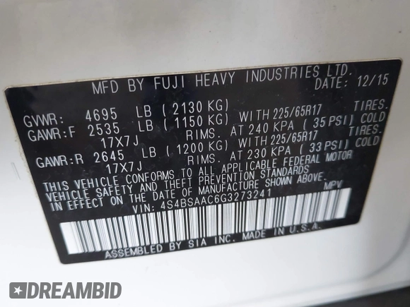2016 Subaru Outback 2.5i with VIN 4S4BSAAC6G3273241, listed as a IAAI auction lot 42671556 with 160,646 mi miles and . Bid and sale history available at DreamBid. Image 9.