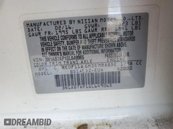 2016 Nissan Sentra SR with VIN 3N1AB7AP1GL649065, listed as a Copart auction lot 56452975 with 114,104 mi miles and Clean Title. Bid and sale history available at DreamBid. Image 12.