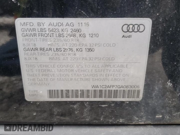 2016 Audi Q5 Premium with VIN WA1C2AFP7GA083006, listed as a Copart auction lot 43183285 with 0 mi miles and Salvage Title. Bid and sale history available at carsss.com. Image 15.