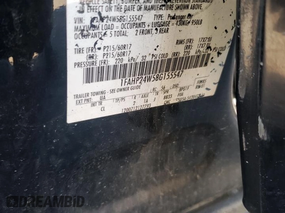 2008 Ford Taurus SEL with VIN 1FAHP24W58G155547, listed as a Copart auction lot 82004754 with 223,485 mi miles and Salvage Title. Bid and sale history available at carsss.com. Image 12.