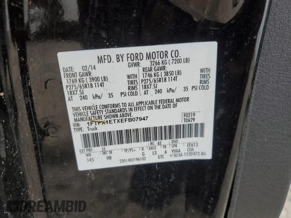 2014 Ford F-150 XL with VIN 1FTFX1ETXEFB07947, listed as a Copart auction lot 61484295 with Not provided miles and Non repairable. Bid and sale history available at DreamBid. Image 12.