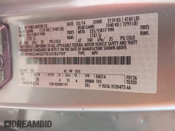 2014 Ford Escape SE с VIN 1FMCU9GX7EUC82707, выставлен на аукционе IAAI как лот 42567827 с пробегом 122 529 миль миль и . История ставок и продаж доступна на DreamBid. Изображение 9.