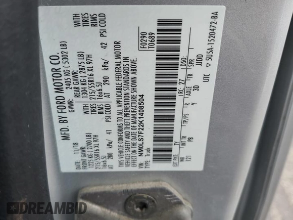 2019 Ford Transit Connect XLT with VIN NM0LS7F22K1408504, listed as a Copart auction lot 56724995 with Not provided miles and Salvage title. Bid and sale history available at DreamBid. Image 13.